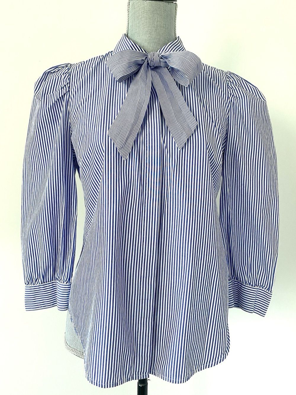 J. Crew x Thomas Mason Blue/White Striped Bow-Tie Blouse Sz 8 Puff Sleeve Preppy